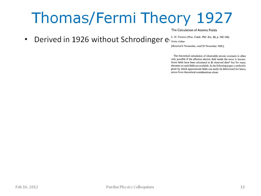 Thomas/Fermi Theory 1927