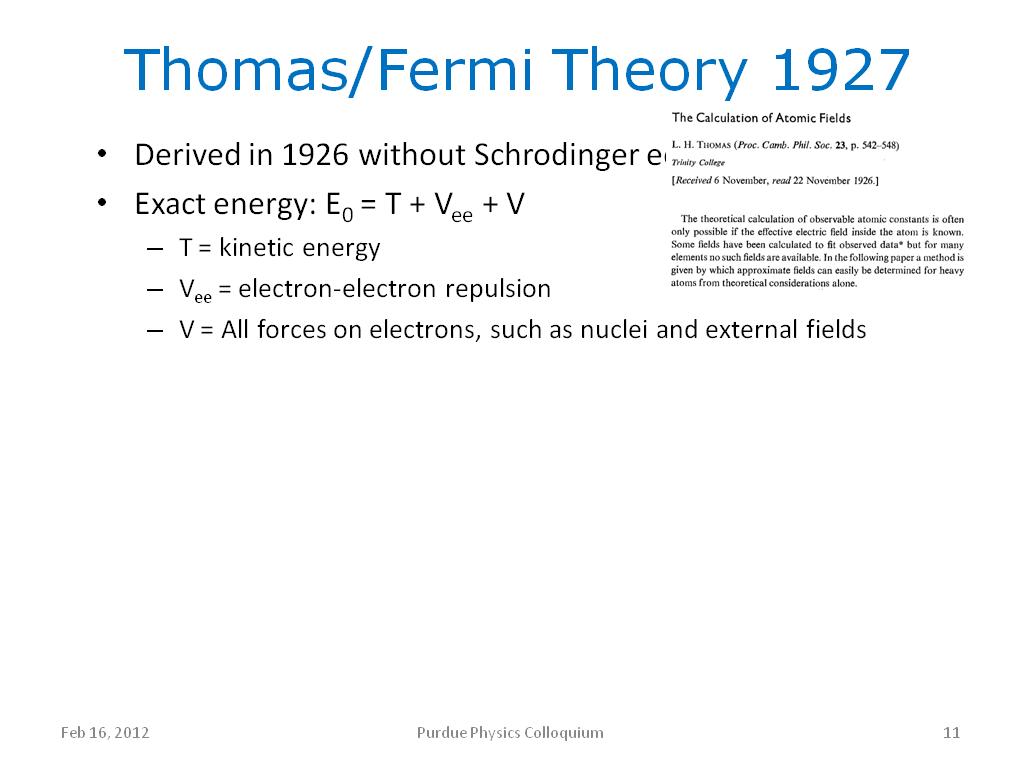 Thomas/Fermi Theory 1927
