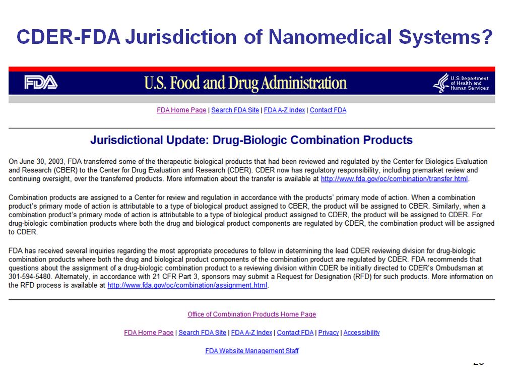 CDER-FDA Jurisdiction of Nanomedical Systems?
