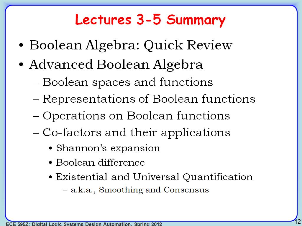 Lectures 3-5 Summary