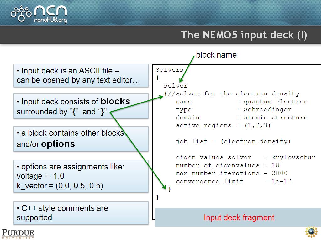 The NEMO5 input deck (I)