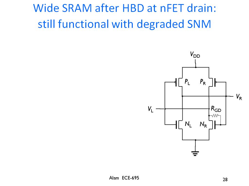 Wide SRAM after HBD at nFET drain: still functional with degraded SNM