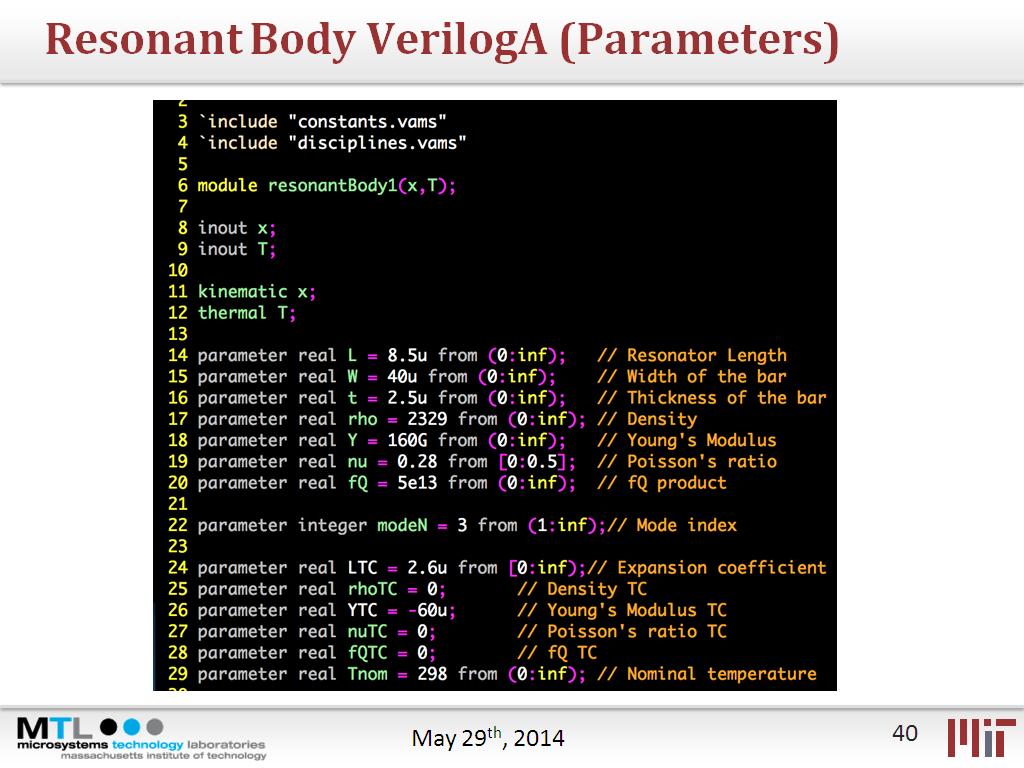 Resonant Body VerilogA (Parameters)