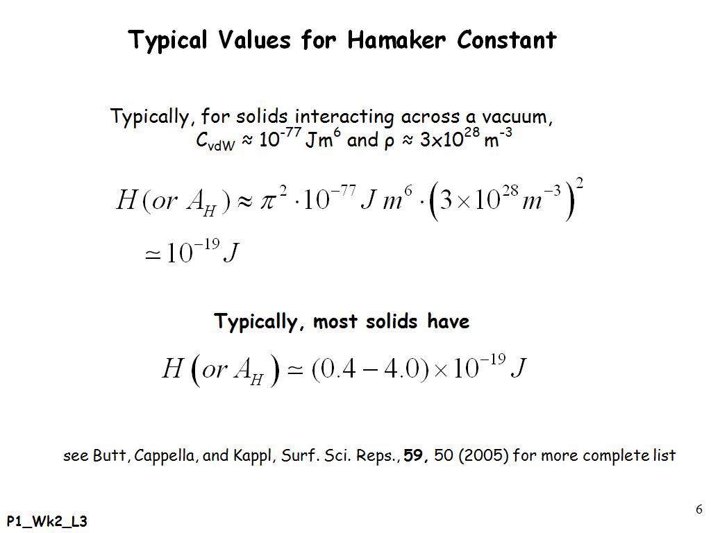 Typical Values for Hamaker Constant
