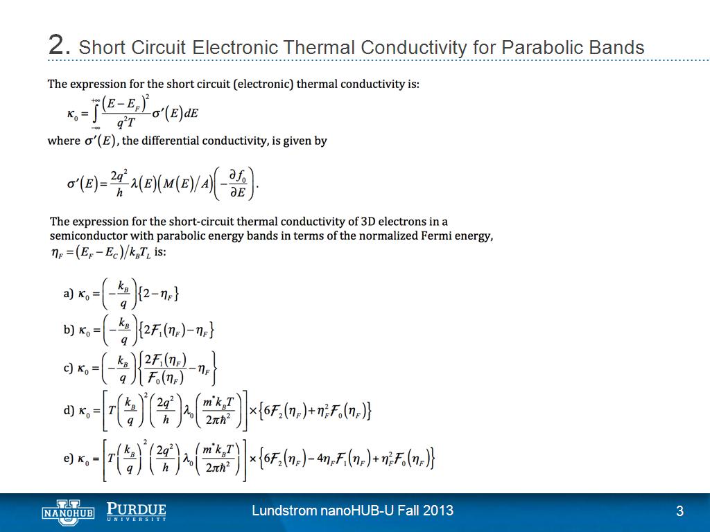 2. Short Circuit Electronic Thermal Conductivity for Parabolic Bands