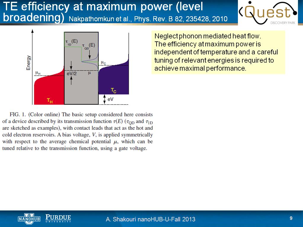 TE efficiency at maximum power (level broadening) Nakpathomkun et al., Phys. Rev. B 82, 235428, 2010