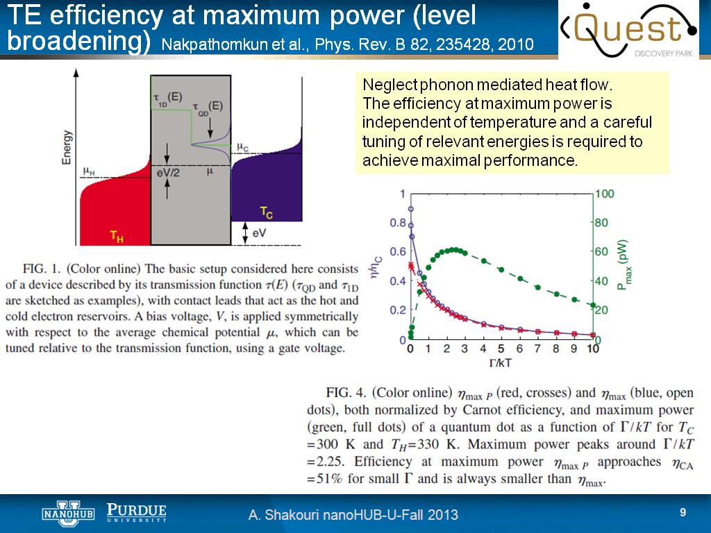 TE efficiency at maximum power (level broadening) Nakpathomkun et al., Phys. Rev. B 82, 235428, 2010