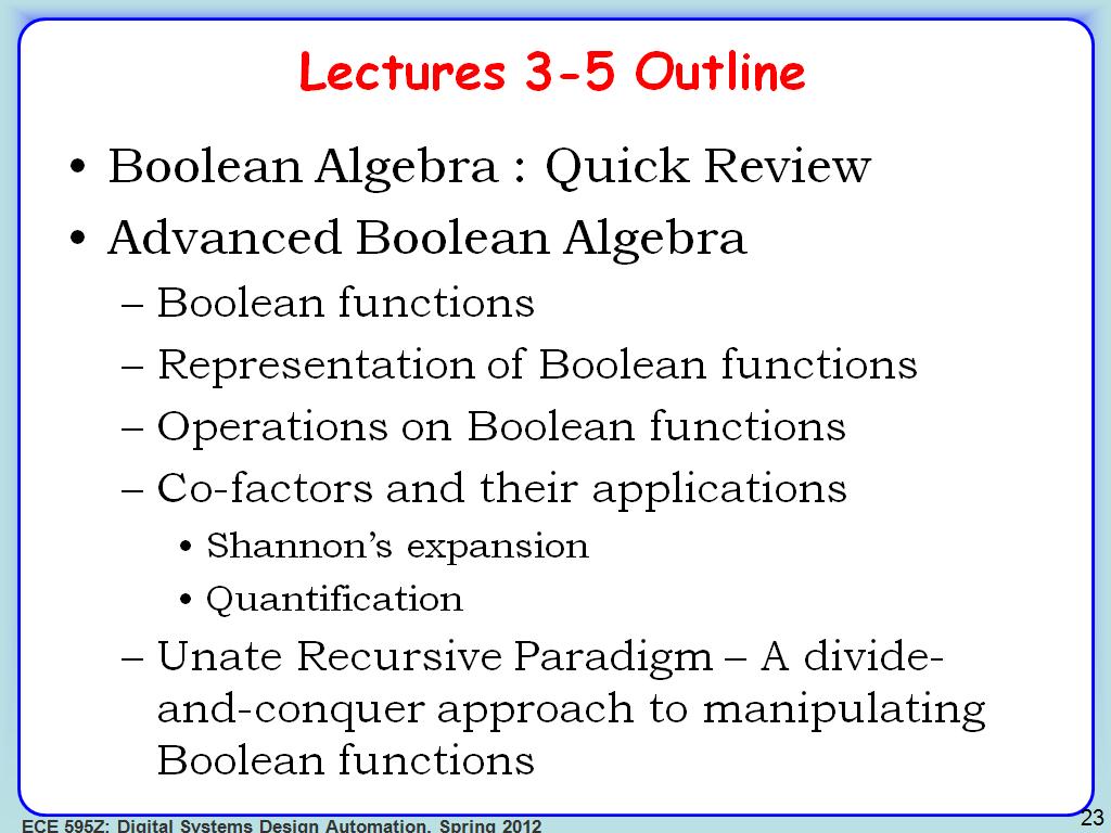 Lectures 3-5 Outline