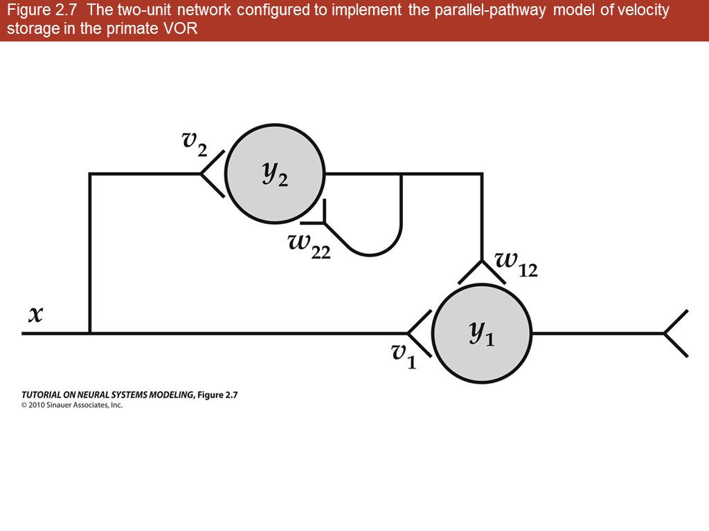 Figure 2.7 The two-unit network configured to implement the parallel-pathway model of velocity storage in the primate VOR