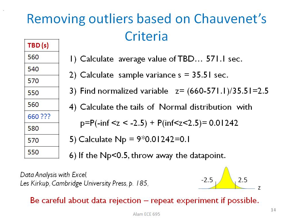Removing outliers based on Chauvenet's Criteria
