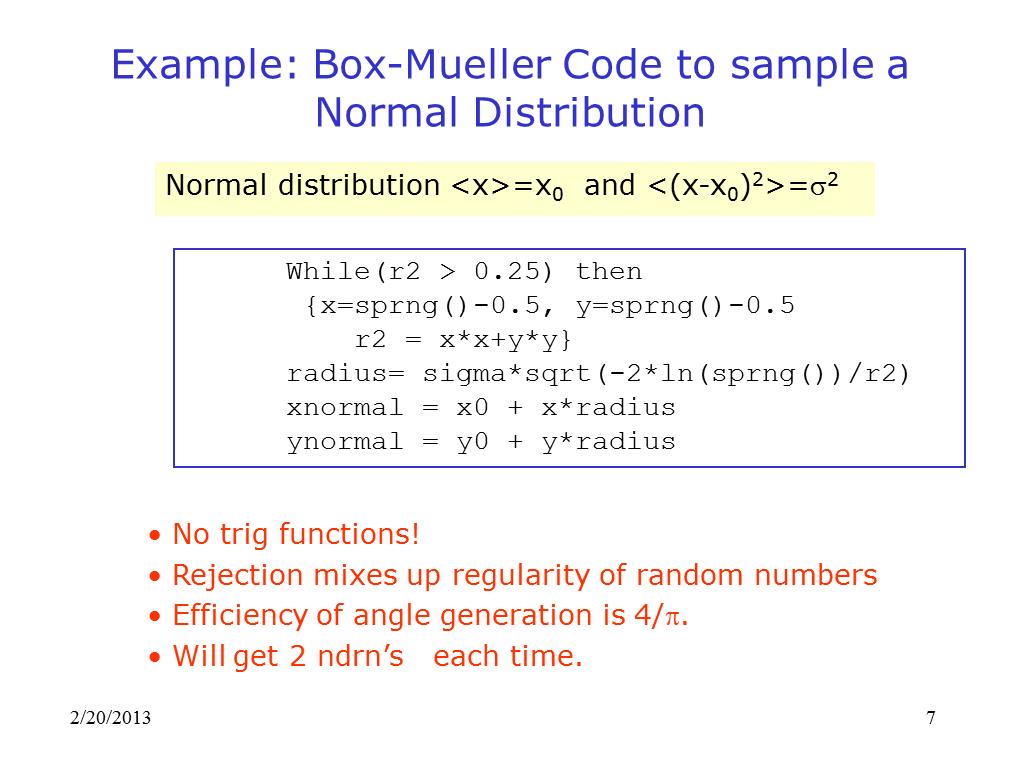 Example: Box-Mueller Code to sample a Normal Distribution