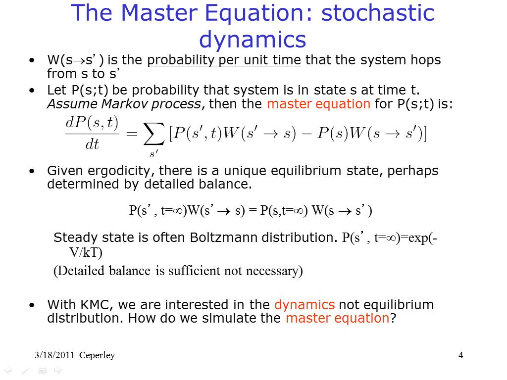 The Master Equation: stochastic dynamics