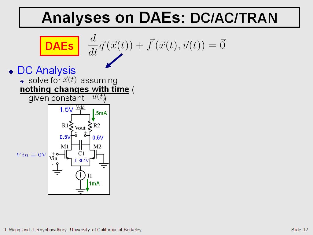 Analyses on DAEs: DC/AC/TRAN