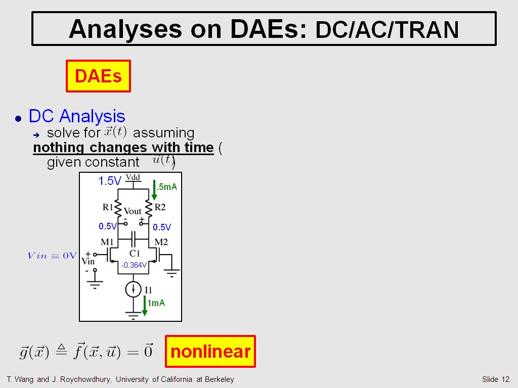 Analyses on DAEs: DC/AC/TRAN