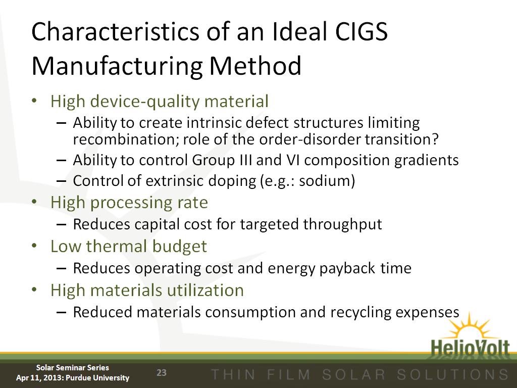 Characteristics of an Ideal CIGS Manufacturing Method