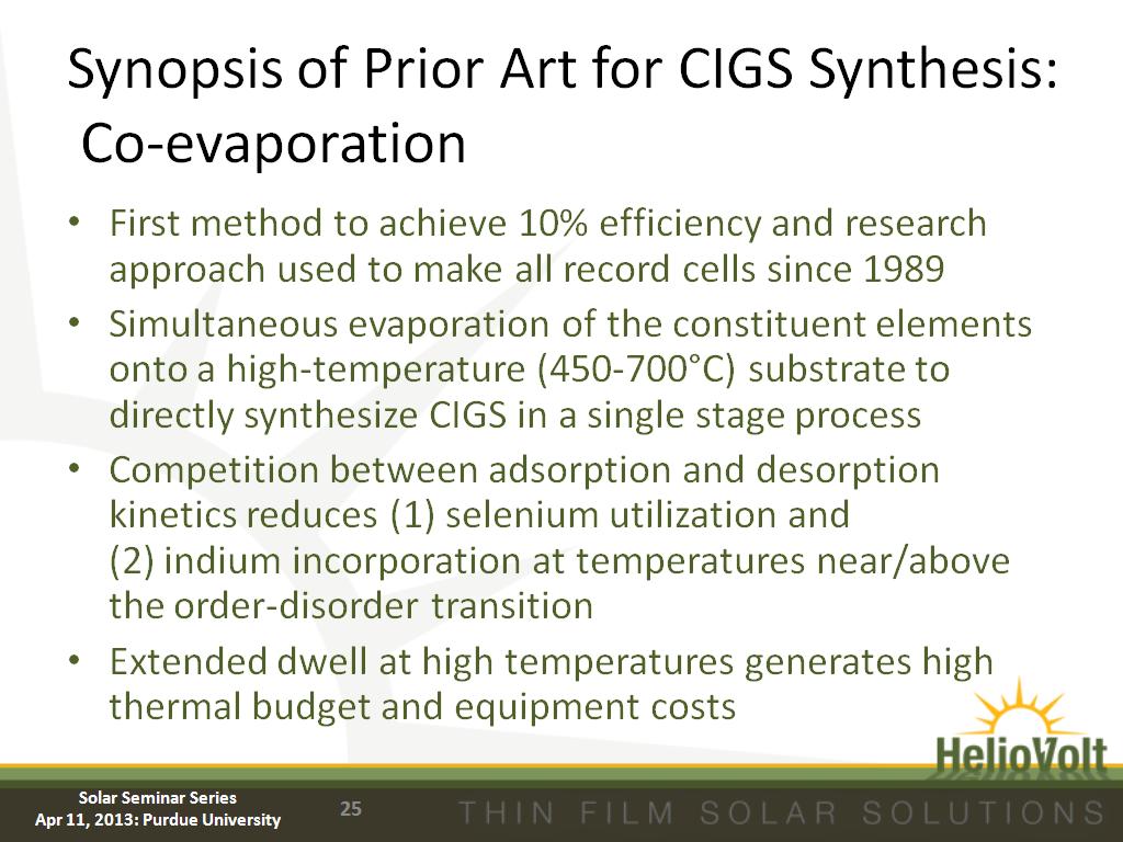 Synopsis of Prior Art for CIGS Synthesis: Co-evaporation