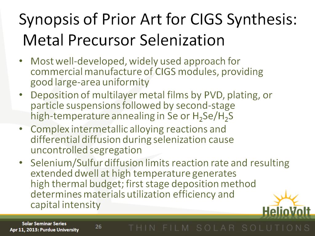 Synopsis of Prior Art for CIGS Synthesis: Metal Precursor Selenization