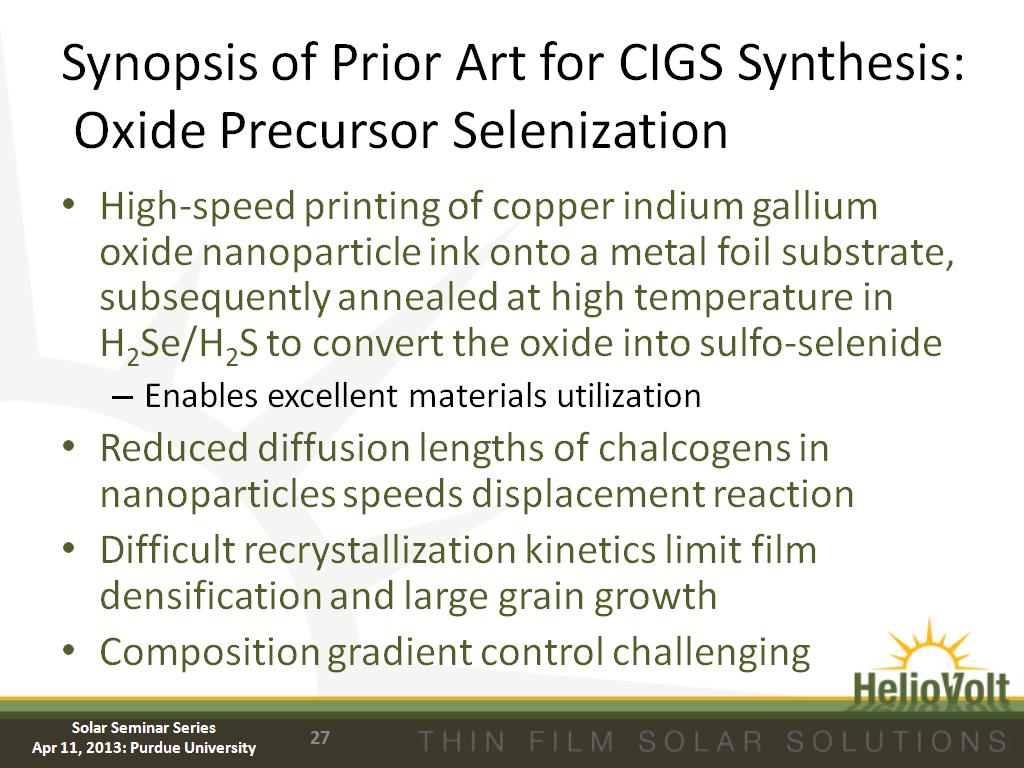 Synopsis of Prior Art for CIGS Synthesis: Oxide Precursor Selenization
