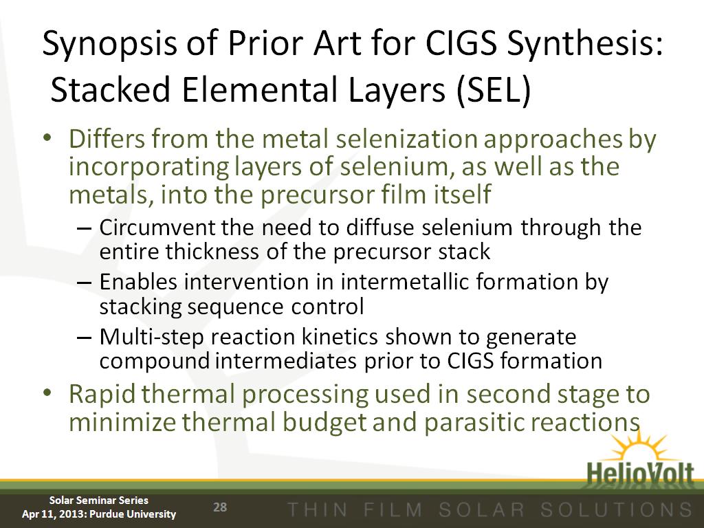 Synopsis of Prior Art for CIGS Synthesis: Stacked Elemental Layers (SEL)
