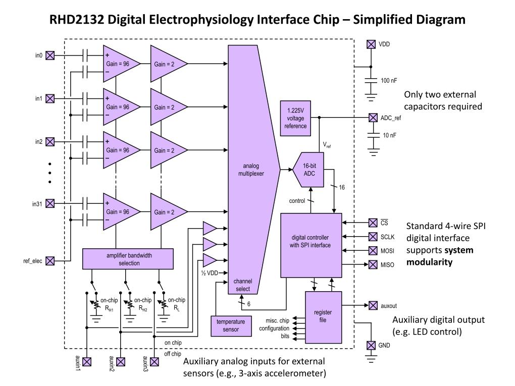 RHD2132 Digital Electrophysiology Interface Chip – Simplified Diagram