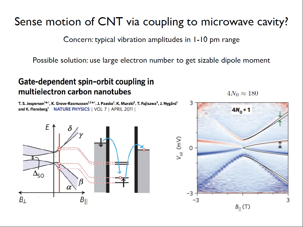 Sense motion of CNT via coupling to microwave cavity? Concern:typical vibration amplitudes in 1-10 pm range Possible solution:use large electron number to get sizable dipole moment