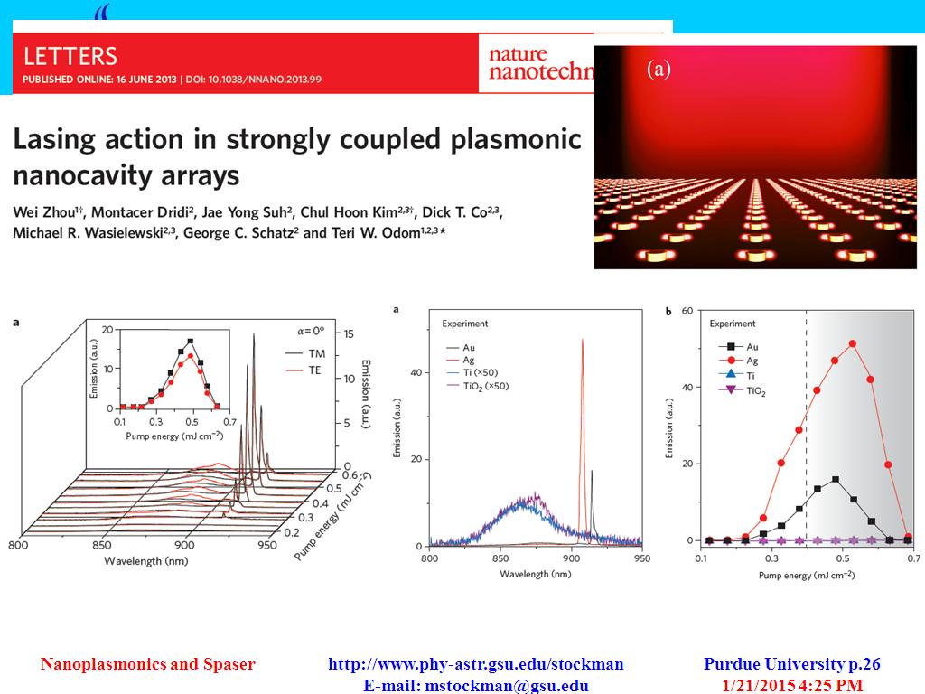 Lasing action in strongly coupled plasmonic nanocavity arrays