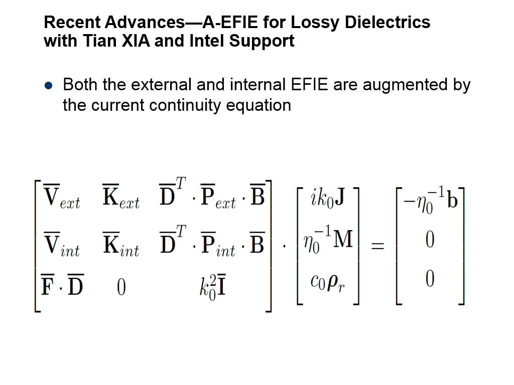 Recent Advances—A-EFIE for Lossy Dielectrics with Tian XIA and Intel Support