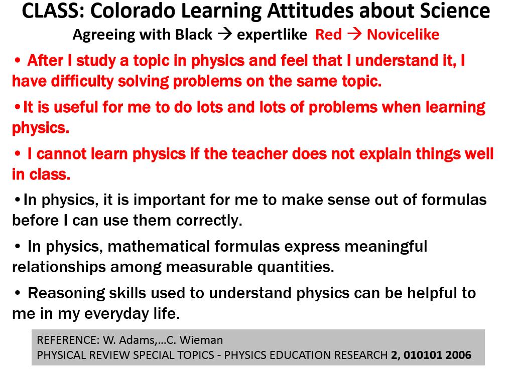 CLASS: Colorado Learning Attitudes about Science Agreeing with Black  expertlike Red  Novicelike