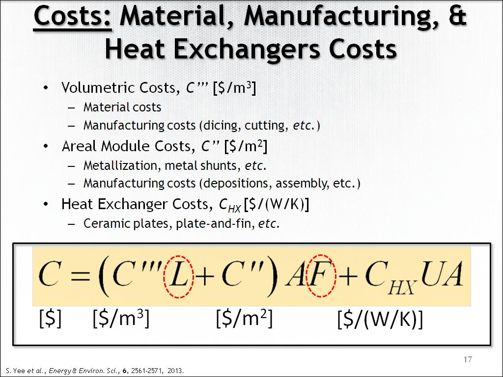 Costs: Material, Manufacturing, & Heat Exchangers Costs