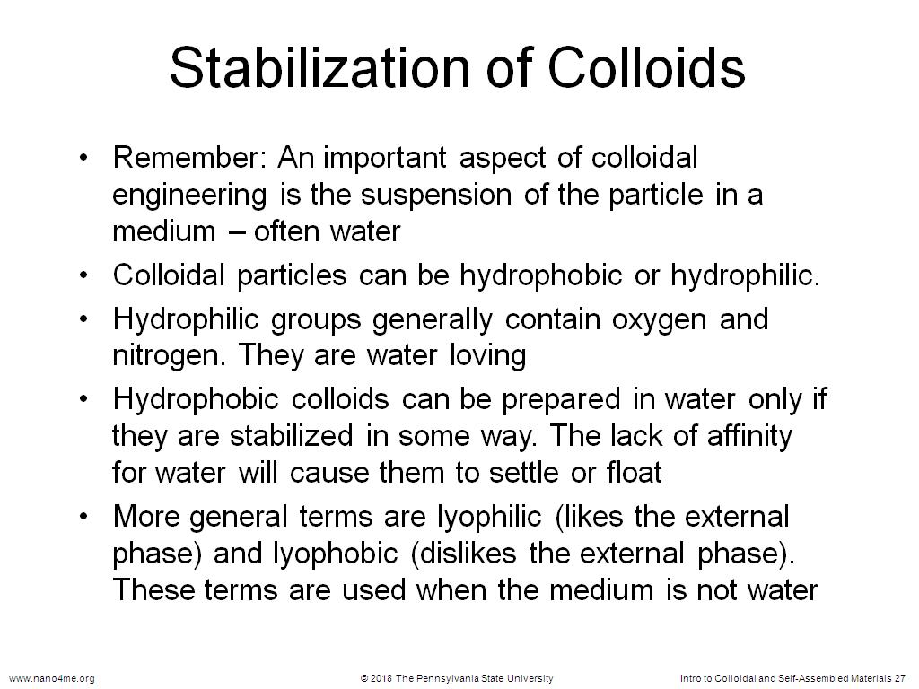 Stabilization of Colloids