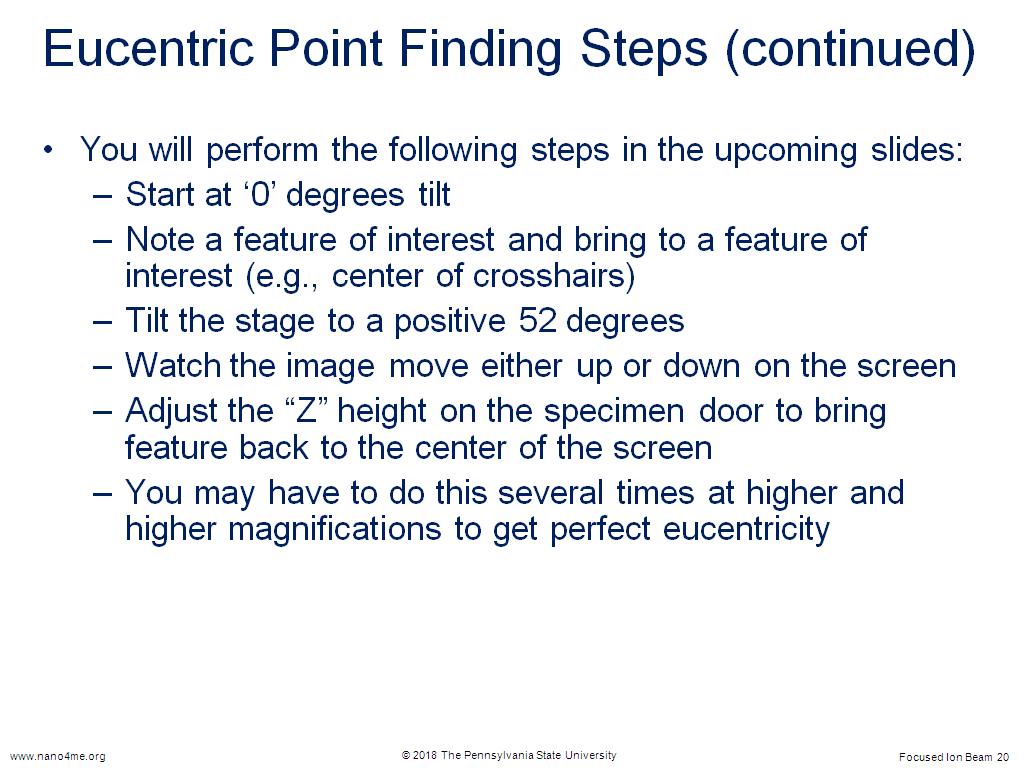 Eucentric Point Finding Steps (continued)