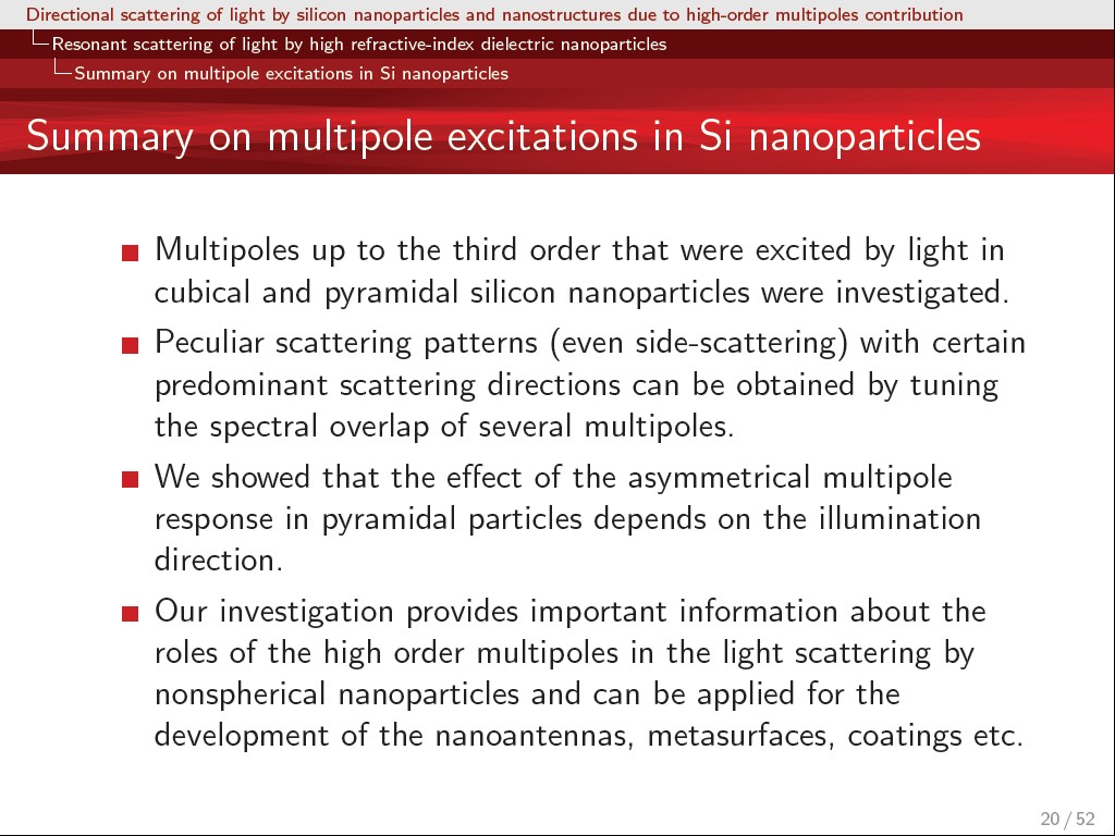 Summary of multipole excitations in Si nanoparticles
