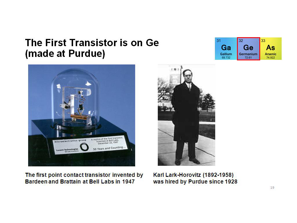 The First Transistor is on Ge (made at Purdue)