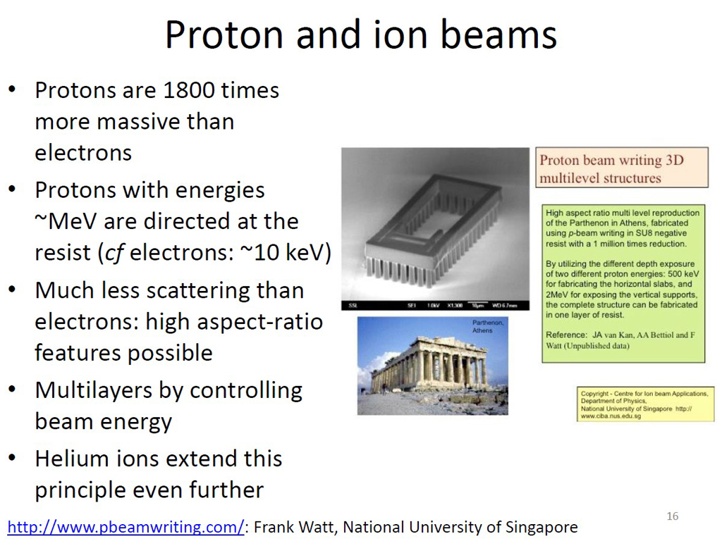 Proton and ion beams • Protons are 1800 times more massive than electrons • Protons with energies ~MeV are directed at the resist (cf electrons: ~10 keV) • Much less scattering than electrons: high aspect-ratio features possible • Multilayers by controlling beam energy • Helium ions extend this principle even further http://www.pbeamwriting.com/: Frank Watt, National University of Singapore