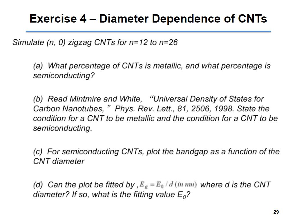 Exercise 4 – Diameter Dependence of CNTs