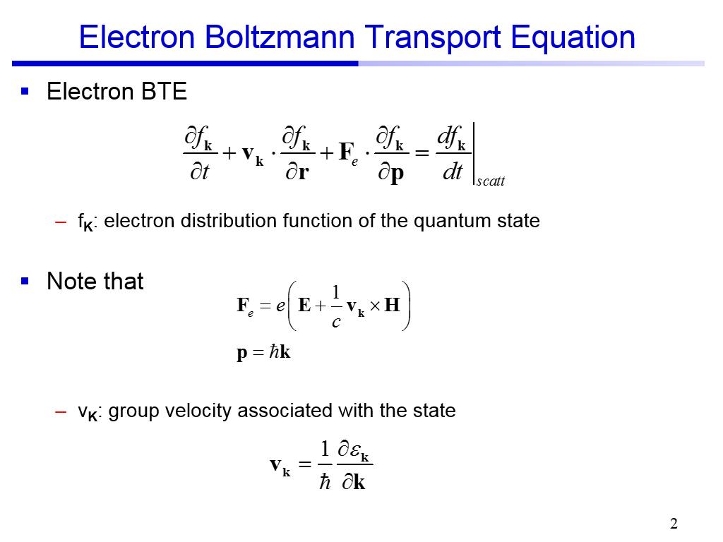 Electron Boltzmann Transport Equation