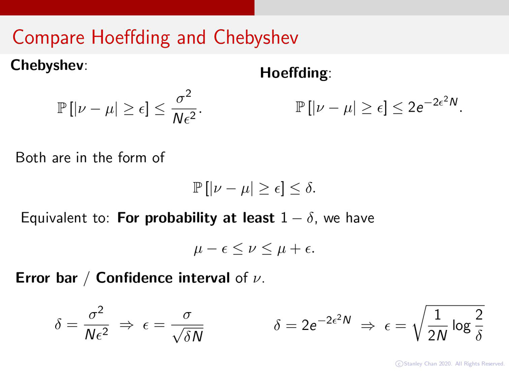 Compare Hoeﬀding and Chebyshev